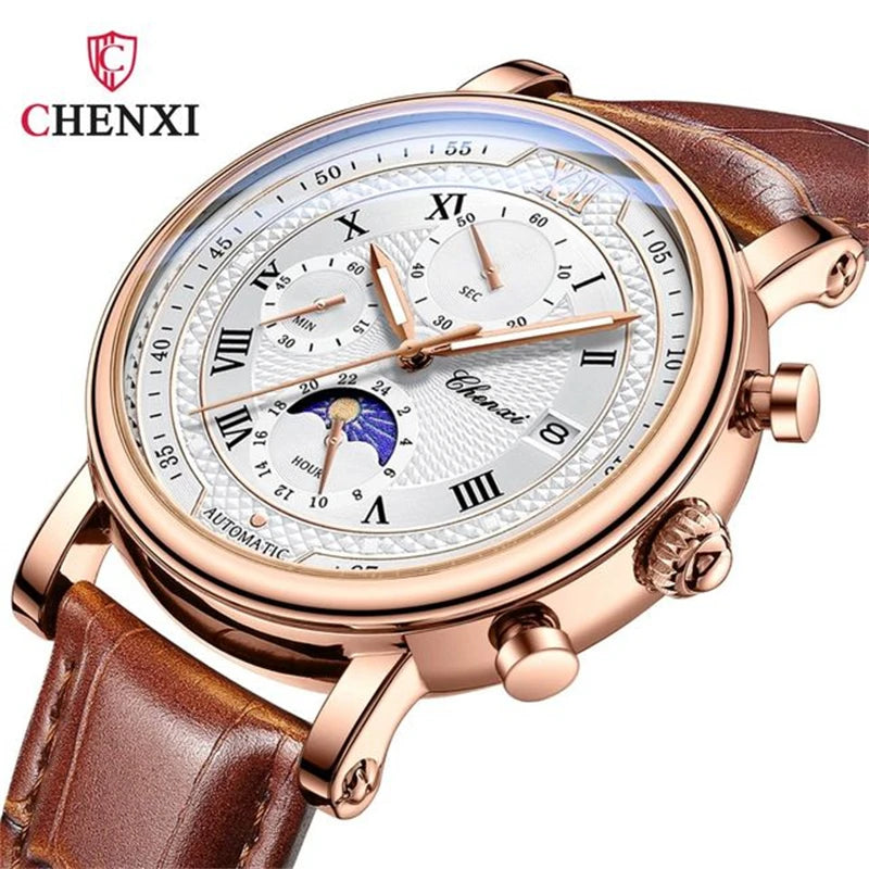 CHENXI 976 Multi functional Clock True Three Eye Six Needle Lunar Calendar Business Quartz Leather Men's Watches montres hommes