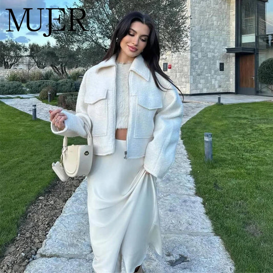 MUJER White Tweed Jacket Women Cropped Bomber Jackets for Women Long Sleeve Zipper Jacket Woman Autumn Streetwear Outerwears