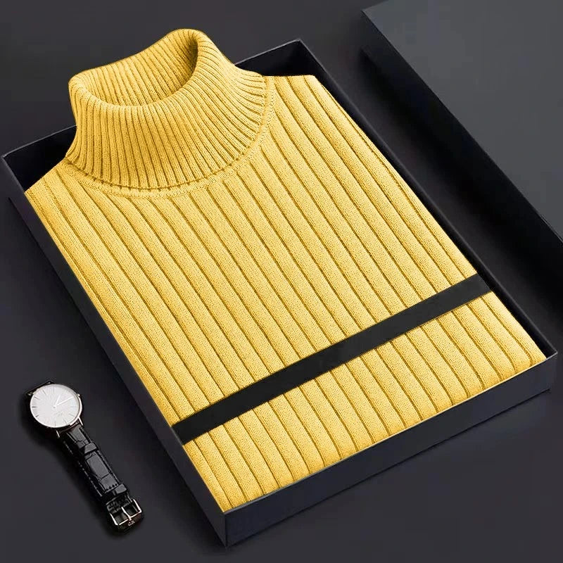 New Men's Slim Fit Pullover Woolen Sweaters Long Sleeve Turtleneck Heavyweight Tops Casual Stripe Knitted Winter Warm Outerwear