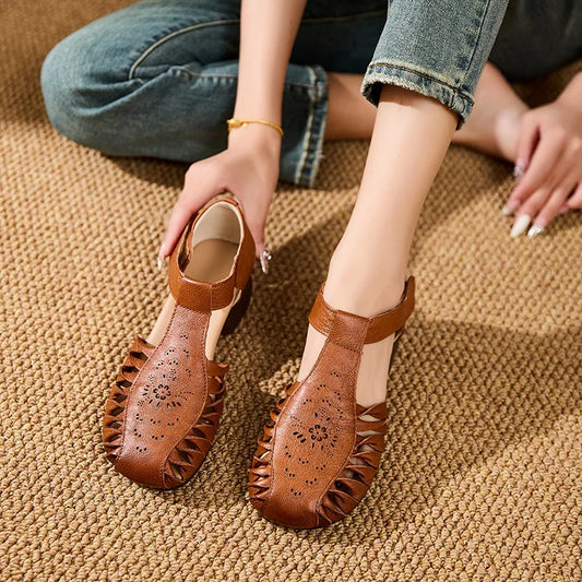 Vintage Roman Closed Toe Gladiator Sandals for Women Low Heel Luxury T-Strap Cutout Design Breathable Comfort Hollowed Shoes