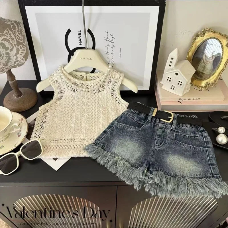 Girls' Summer Collection 2025 New Style Baby Girl Fashion Knitted Strap Top Cowboy Shorts 3-Piece Set Children's Clothing