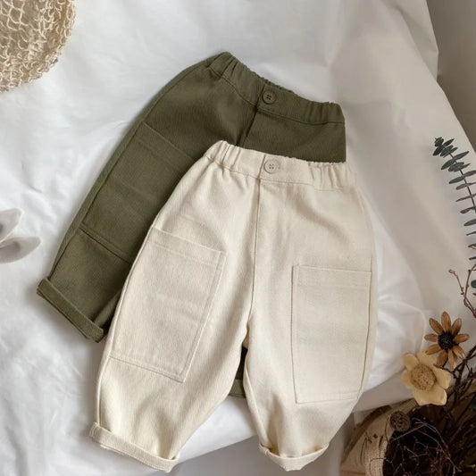 Spring Autumn New Kids cargo pants solid color big pockets Boys Trousers fashion Girls loose casual pants