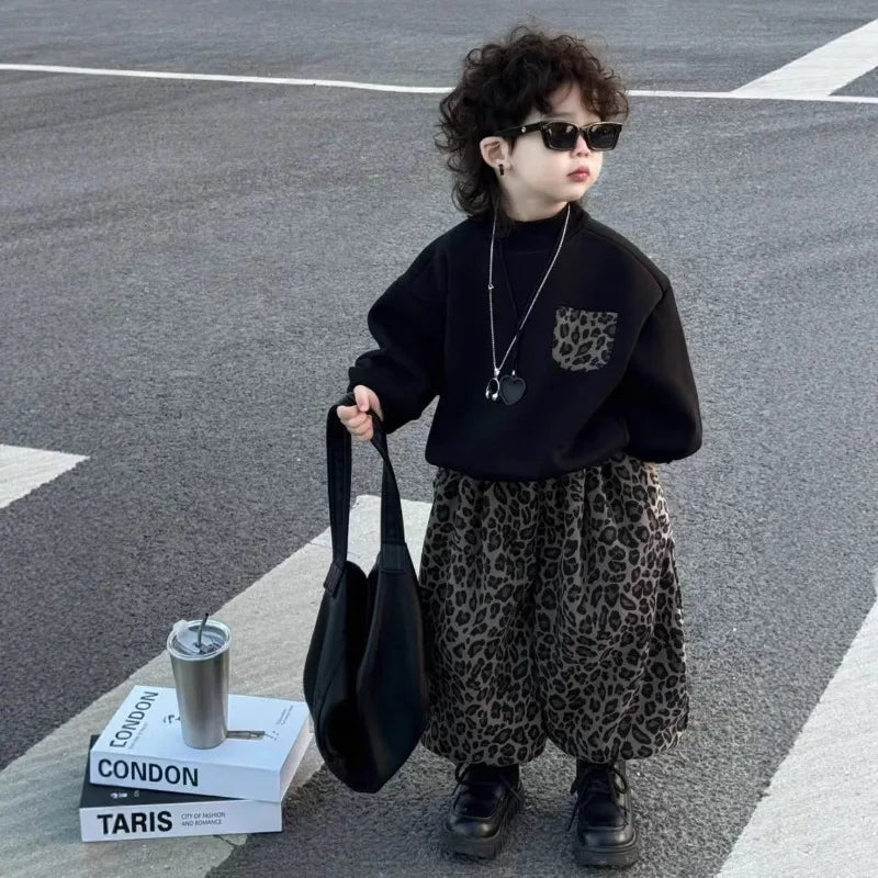 1-18Y Autumn Children's Set 2025 New Fashion Leopard Pattern Pants Korean Stylish Teens Boys' and Girls' Round Neck Hoodies Set