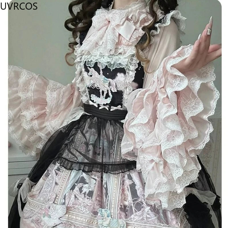 Pink Japan Lolita Flare Sleeve Sweet Bow Shirts Y2k Aesthetic Slash Neck Lace Patchwork Blouse Women Loose Grunge Ruffled Blusas