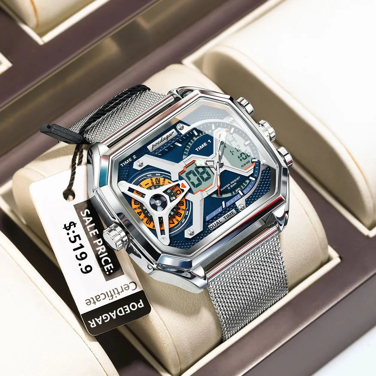 POEDAGAR Top Fashion Men Clock Rectangle Waterproof Date Week LED Man Watch Electronic Mesh Stainless Steel Quartz Men's Watches