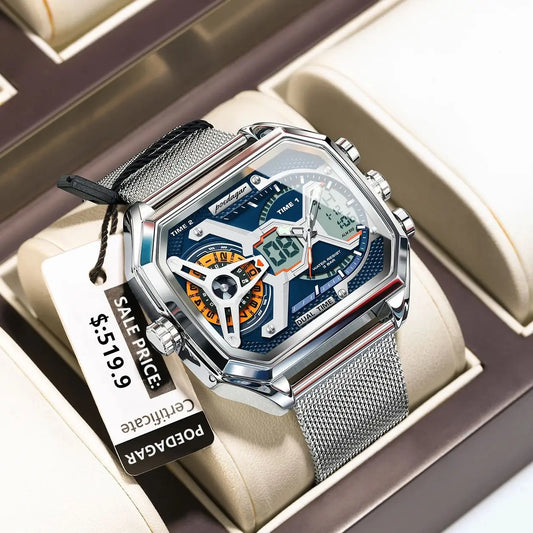 POEDAGAR Top Fashion Men Clock Rectangle Waterproof Date Week LED Man Watch Electronic Mesh Stainless Steel Quartz Men's Watches