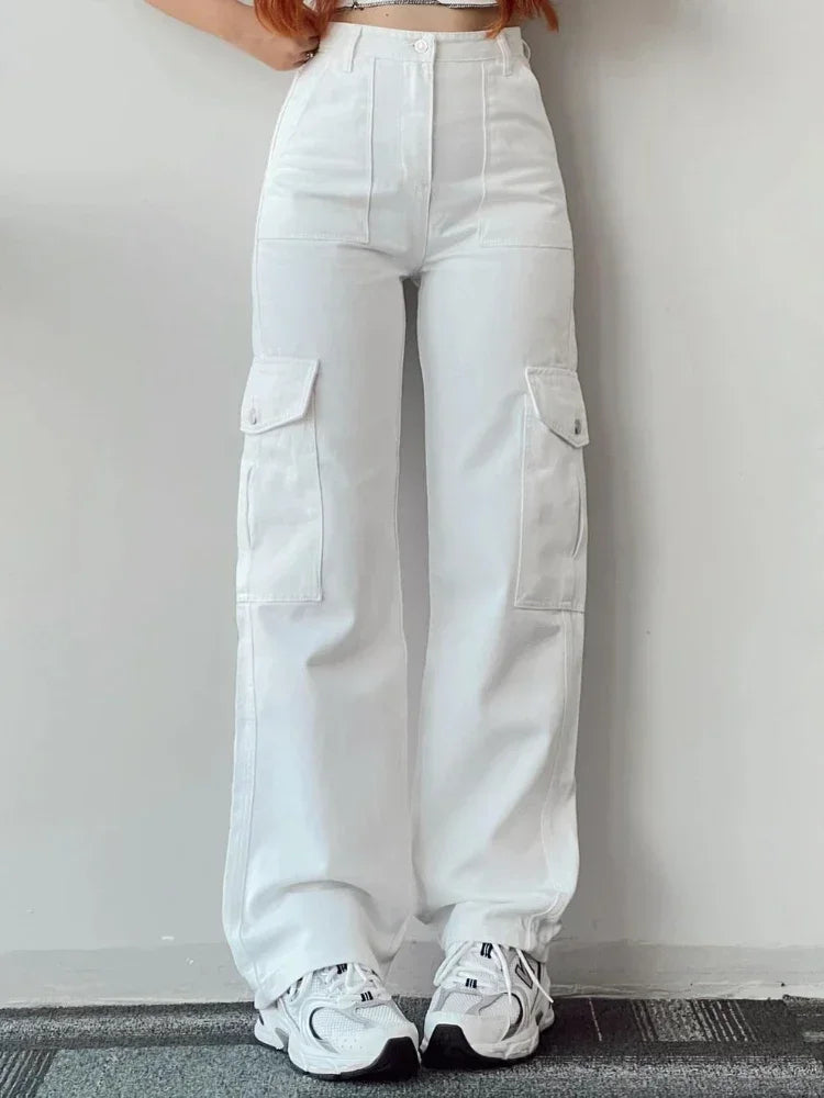 New Straight Cargo High Waist Baggy Trousers Casual Wide Leg Slim Vintage Streetwear Pocket Fashion Women Casual Pants