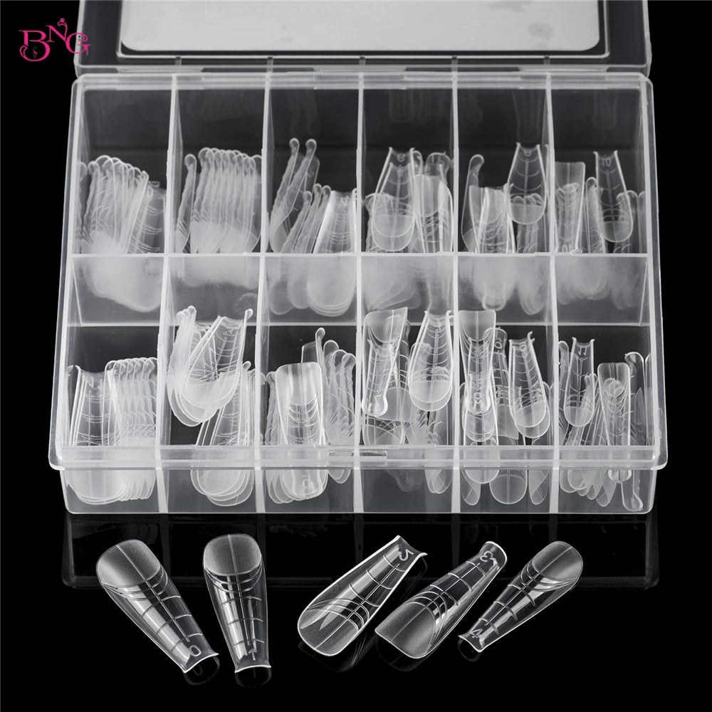 BNG 140Pcs Poly Extension Gel Dual Nail Forms Reusable Nail Molds for Builder Extension 14 Size Top Forms for Nail Art Design
