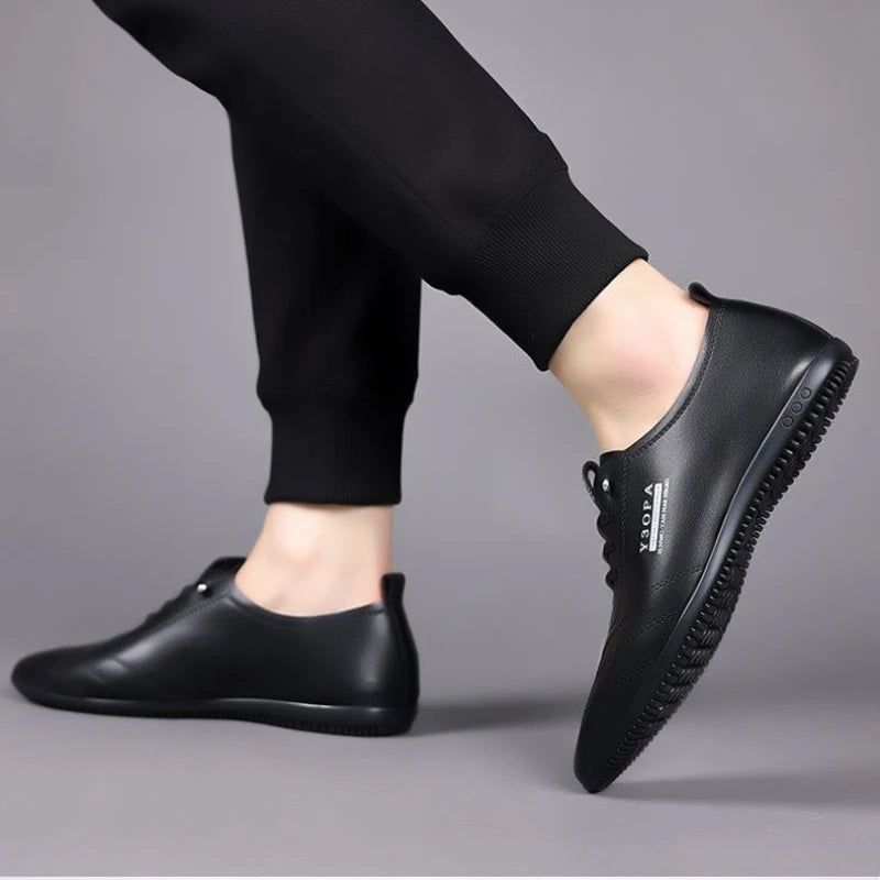 Men's Leather Shoes New Black Soft Bottom Anti Slip and Breath Shoes 2025 Men's Business Dress Casual  Luxury Light Flat Zapatos