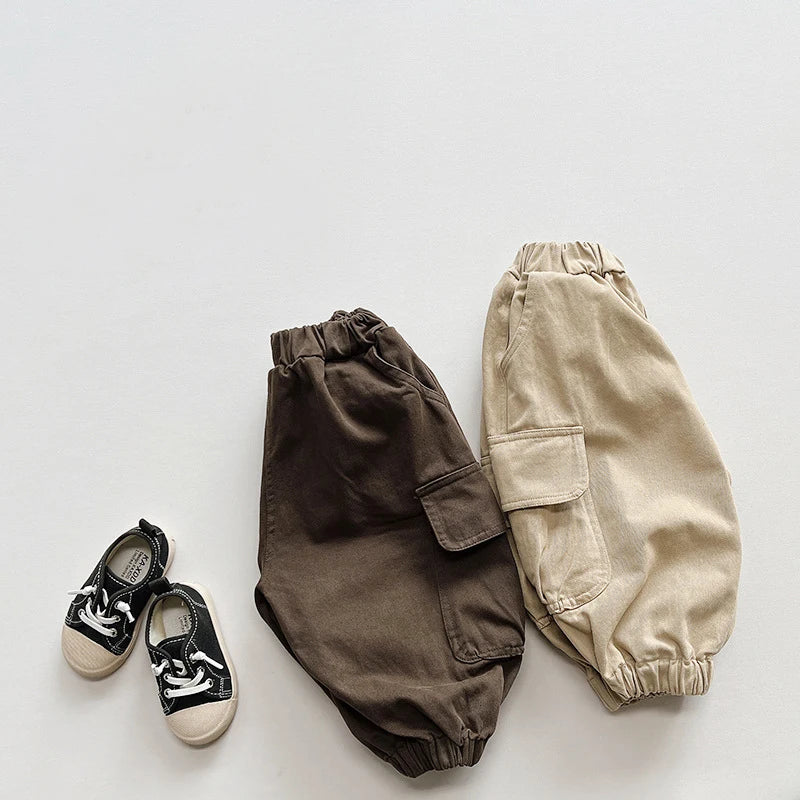 1-6Year Kids Casual Pants 2025 New Children's Spring and Fall Boys' Cargo Pants Korean Children's Solid Color Outdoor Pants