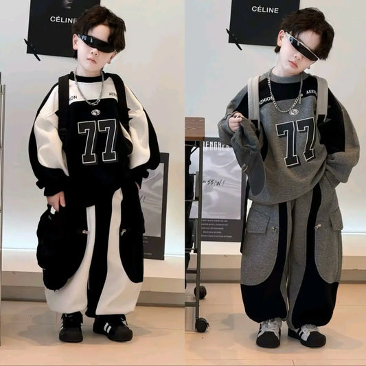 2025 Autumn and Winter Boys' Casual Suit New Children's Handsome Korean Version Alphabet Top Trousers Velvet Two-piece Set
