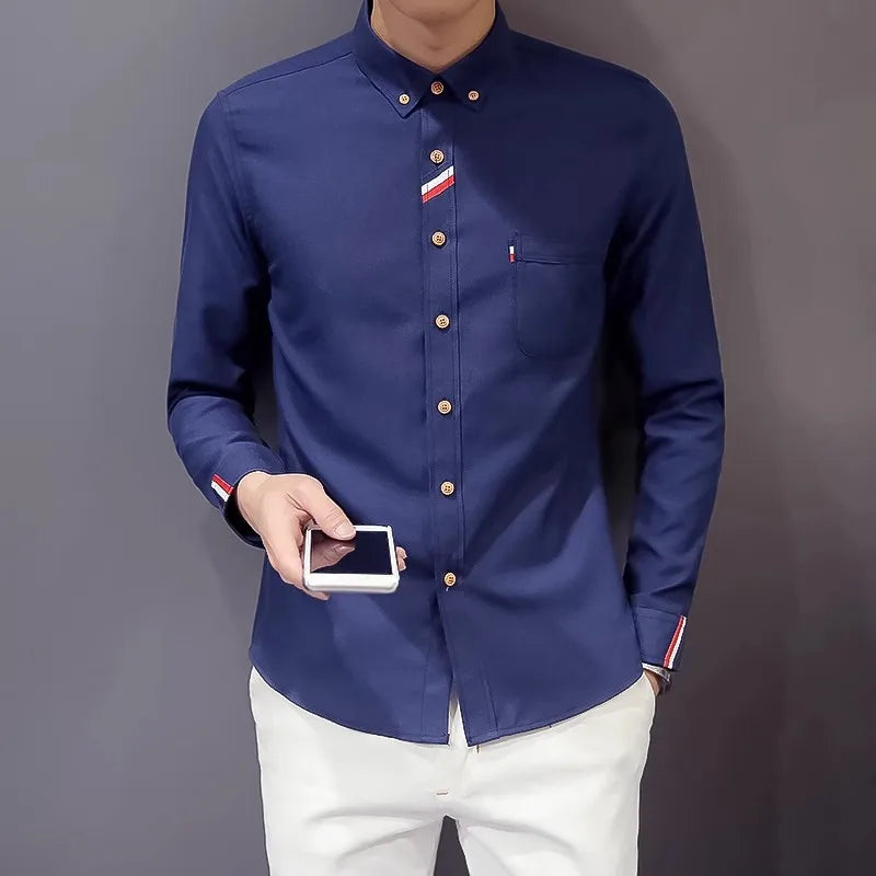 2023 Spring Men's Casual Solid Oxford Dress White Shirt Single Patch Pocket Long Sleeve Regular-fit Button-down  Shirts
