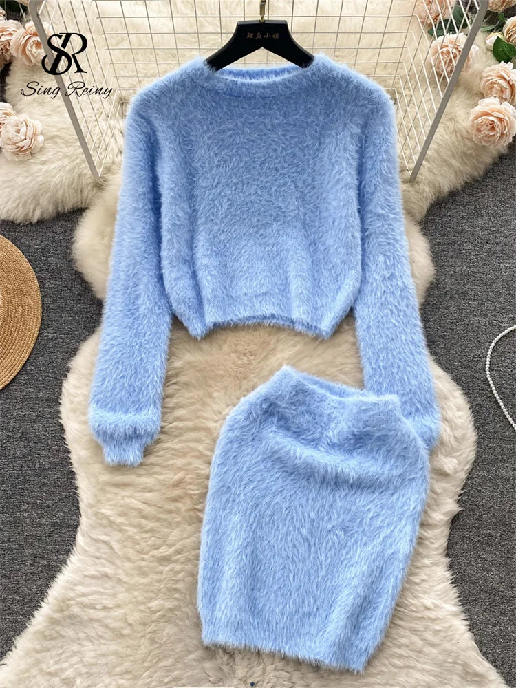 SINGREINY Sweet Flur Suits O Neck Long Sleeves Pullover+High Waist Bodycon Skirt 2023 Korean Style Lady Solid Thick Sweater Sets