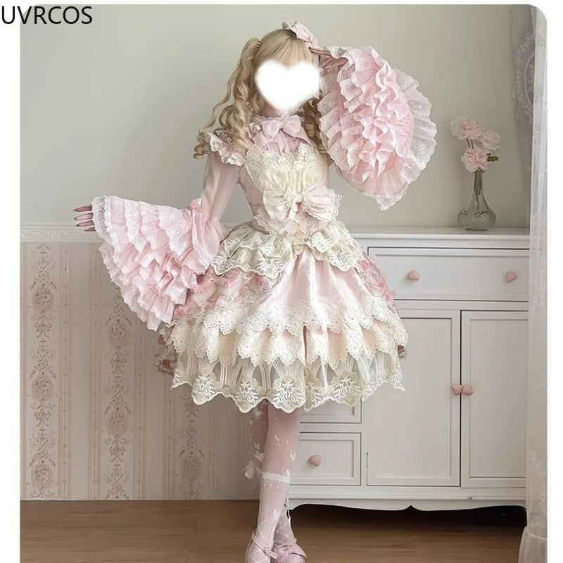 Pink Japan Lolita Flare Sleeve Sweet Bow Shirts Y2k Aesthetic Slash Neck Lace Patchwork Blouse Women Loose Grunge Ruffled Blusas