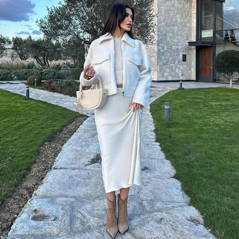 MUJER White Tweed Jacket Women Cropped Bomber Jackets for Women Long Sleeve Zipper Jacket Woman Autumn Streetwear Outerwears