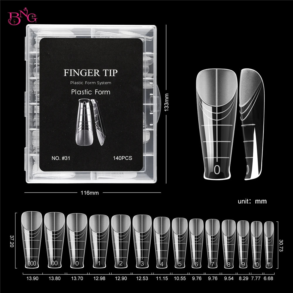 BNG 140Pcs Poly Extension Gel Dual Nail Forms Reusable Nail Molds for Builder Extension 14 Size Top Forms for Nail Art Design