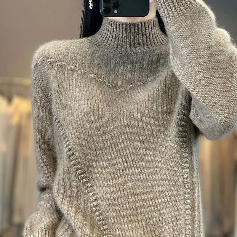 2024 Autumn New Loose Women's Semi-turtleneck Thickened Solid Color Simple Crochet Casual Knitted Sweater Pullover Top