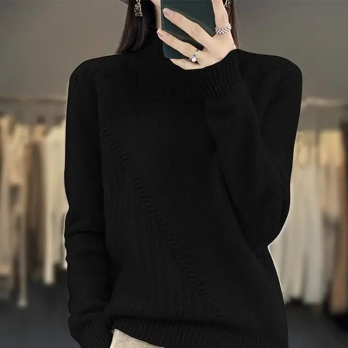 2024 Autumn New Loose Women's Semi-turtleneck Thickened Solid Color Simple Crochet Casual Knitted Sweater Pullover Top