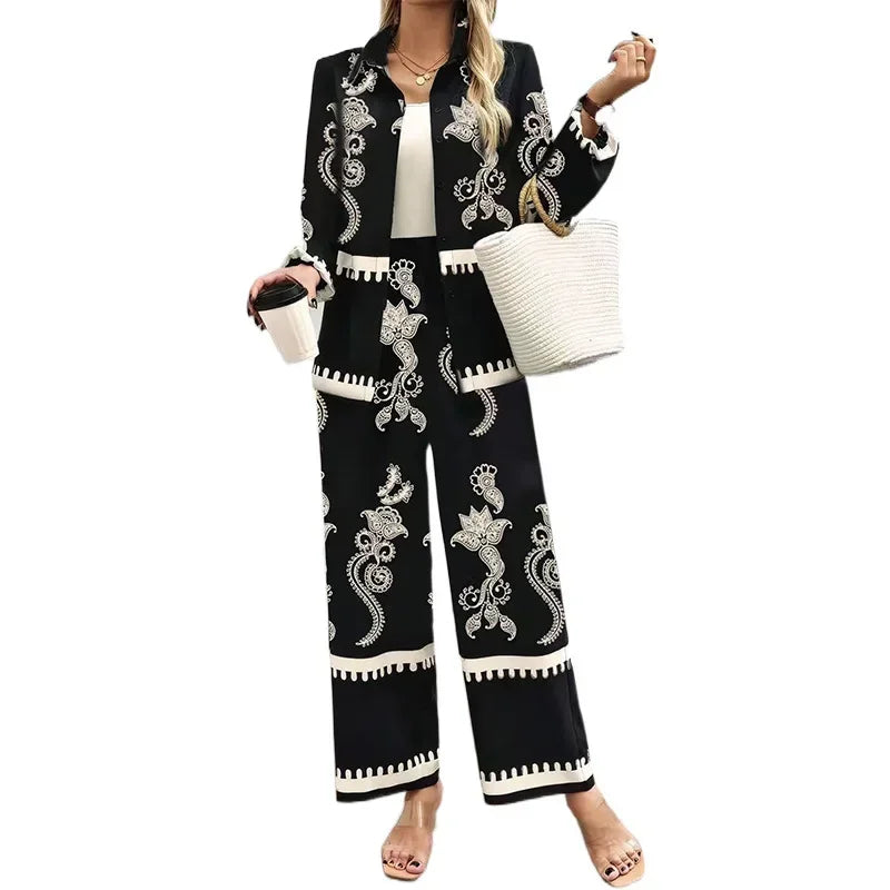 Fashionable Contrast Color Print Blouse And Pants Two-Piece Set for Women Stylish Retro Personality Elegant Office Wear